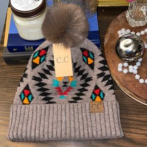 C.C. Aztec faux fur pom beanie